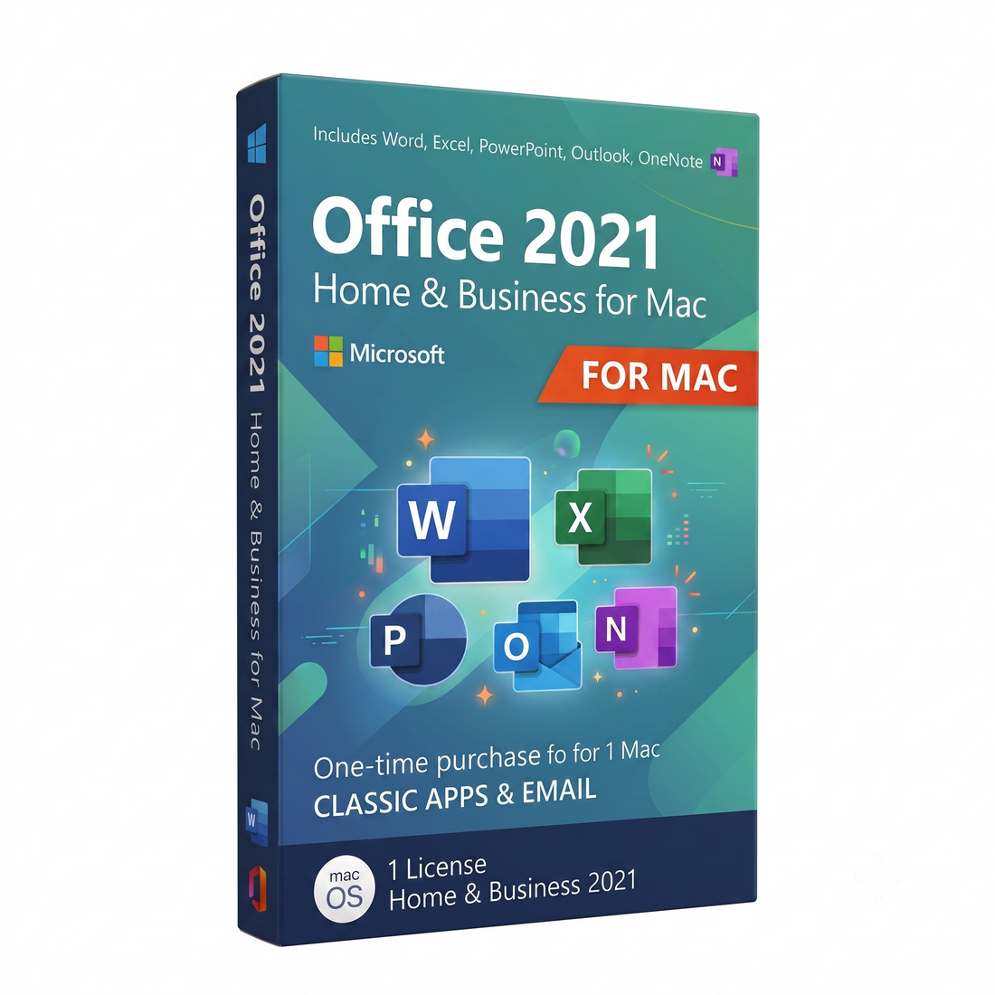 Microsoft Office 2021 Home & Business for Mac software box shown at a slight angle on a plain white background.