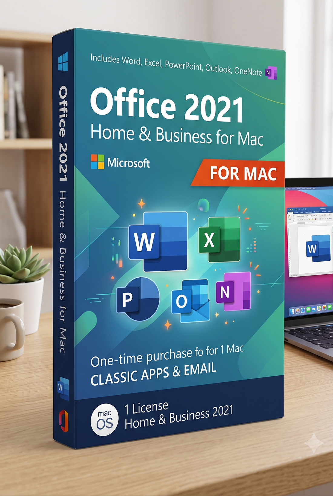 Microsoft Office 2021 Home & Business for Mac software box shown on a desk, with a laptop screen displaying the apps in the background.